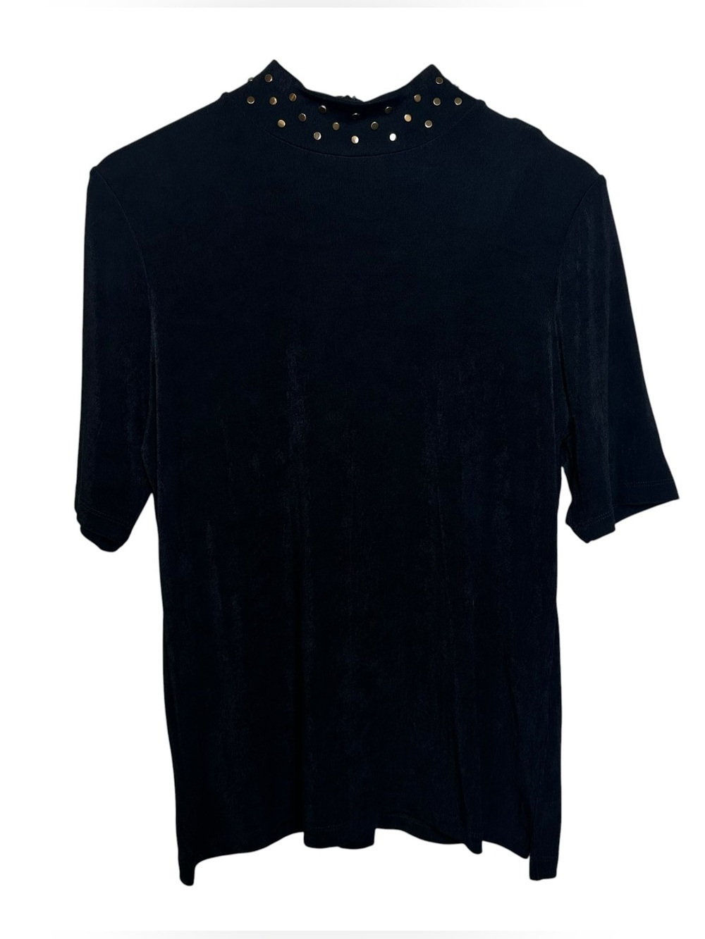 Chicos Top Womens 2 Large Black Travelers Studded Mock Neck 3/4 Sleeve Edgy
